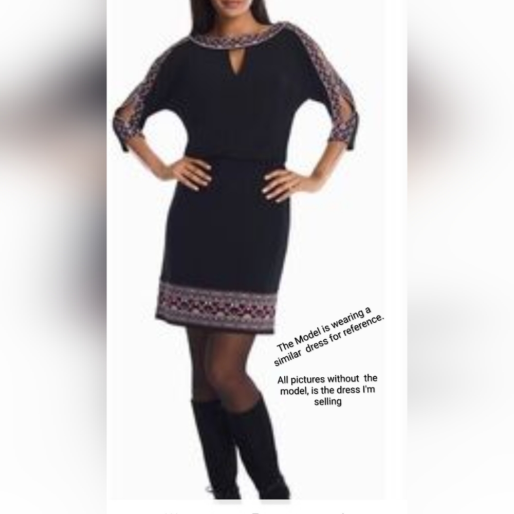 White House Black Market Women's Black Dress with Red Embroidery Inspired Detail